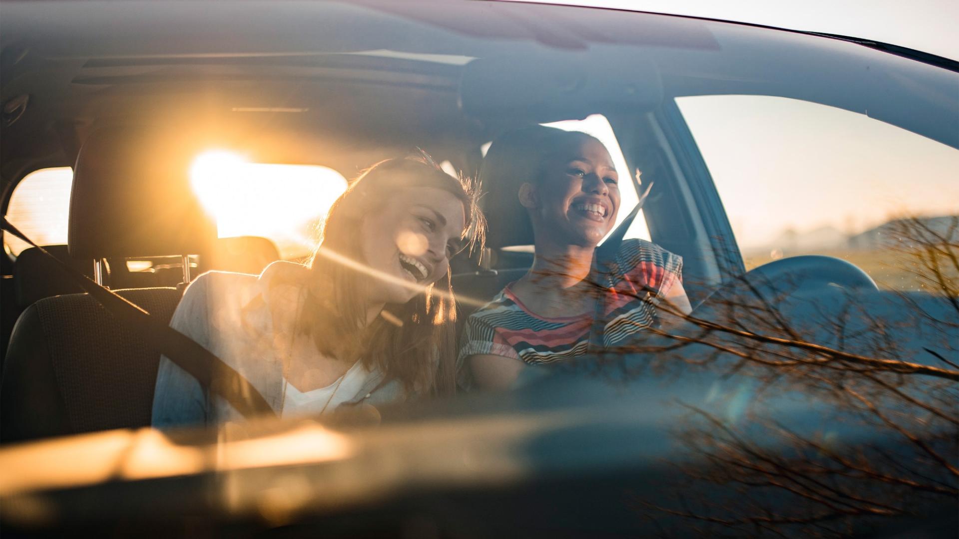 Vater und Sohn sitzen im Kofferraum eines Autos, welches im Wald steht.