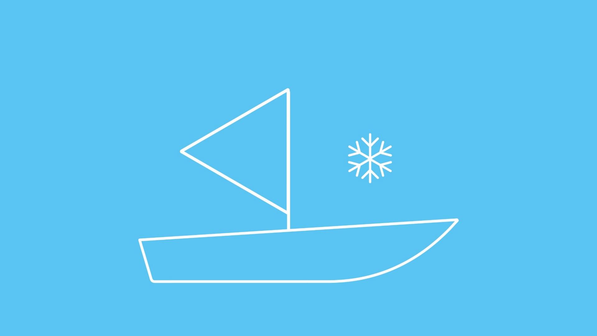 Die Grafik zeigt ein Segelboot in Icon-Form neben einer Schneeflocke. 
