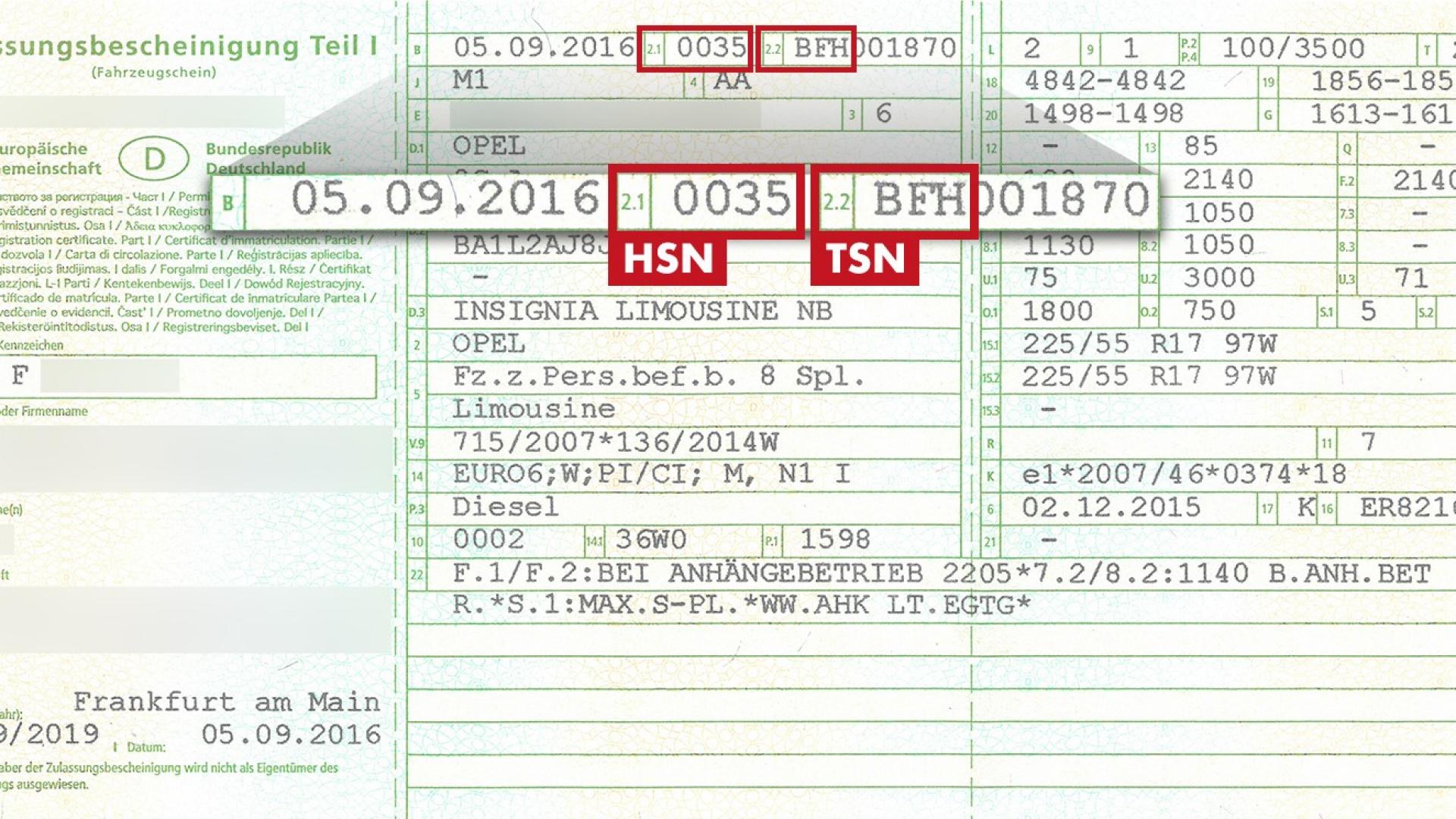 Auf dem Bild ist ein Fahrzeugschein mit Herstellerschlüsselnummer (HSN) und Tüpschlüsselnummer (TSN)zu sehen