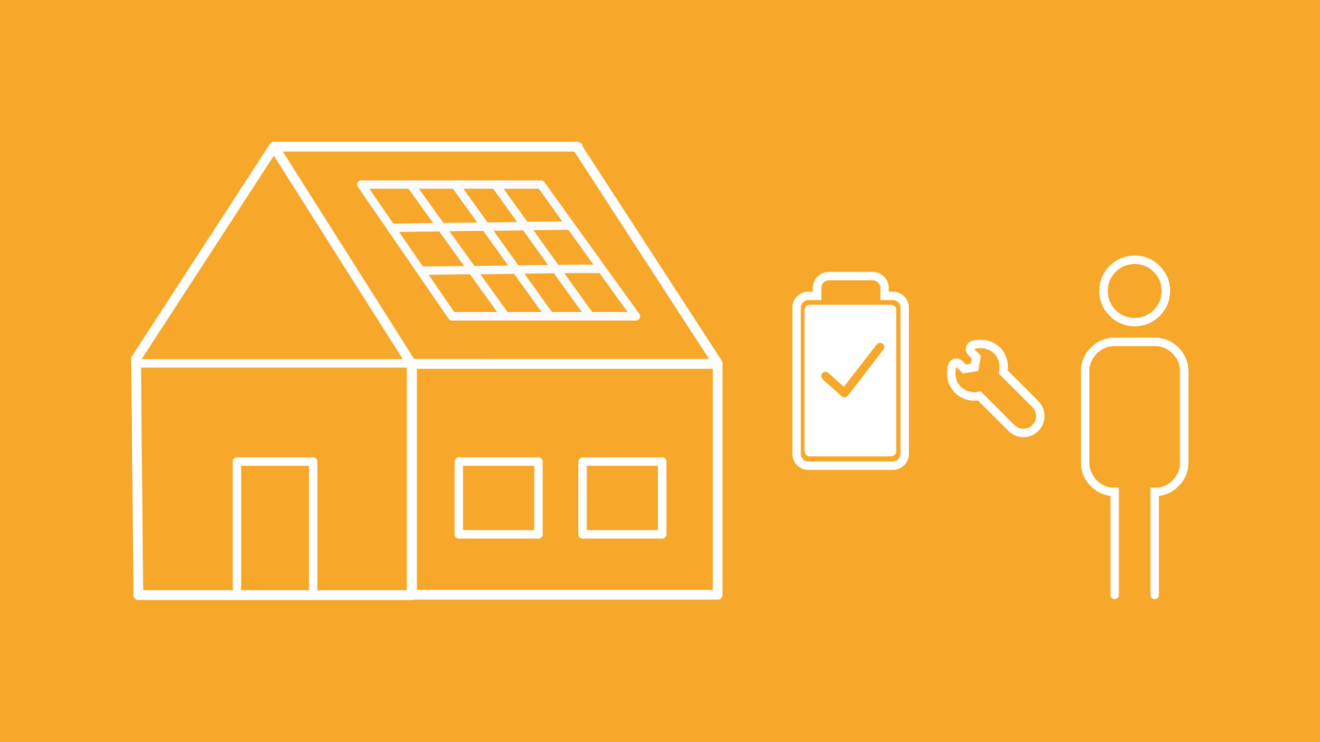 Eine Person und ein Schraubenschlüssel neben einem Haus mit Photovoltaikanlage und Batterie symbolisieren, dass der Batteriespeicher auch nachträglich eingebaut werden kann. 